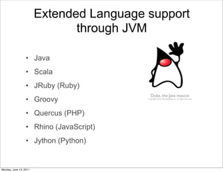 Extended Language support
                               through JVM

                  • Java
                  • Scala
                  • JRuby (Ruby)
                                             Duke, the Java mascot
                  • Groovy                Copyright © Sun Microsystems Inc., all rights reserved.




                  • Quercus (PHP)
                  • Rhino (JavaScript)
                  • Jython (Python)


Monday, June 13, 2011
 