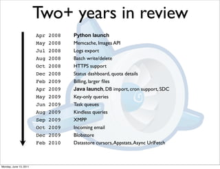 Two+ years in review
                        Apr   2008   Python launch
                        May   2008   Memcache, Images API
                        Jul   2008   Logs export
                        Aug   2008   Batch write/delete
                        Oct   2008   HTTPS support
                        Dec   2008   Status dashboard, quota details
                        Feb   2009   Billing, larger ﬁles
                        Apr   2009   Java launch, DB import, cron support, SDC
                        May   2009   Key-only queries
                        Jun   2009   Task queues
                        Aug   2009   Kindless queries
                        Sep   2009   XMPP
                        Oct   2009   Incoming email
                        Dec   2009   Blobstore
                        Feb   2010   Datastore cursors, Appstats, Async UrlFetch



Monday, June 13, 2011
 