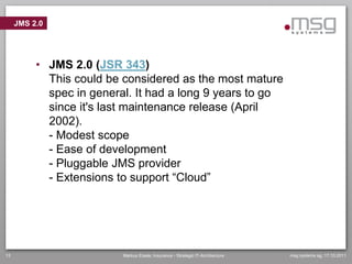JMS 2.0




          • JMS 2.0 (JSR 343)
            This could be considered as the most mature
            spec in general. It had a long 9 years to go
            since it's last maintenance release (April
            2002).
            - Modest scope
            - Ease of development
            - Pluggable JMS provider
            - Extensions to support “Cloud”




13                        Markus Eisele, Insurance - Strategic IT-Architecture   msg systems ag, 17.10.2011
 