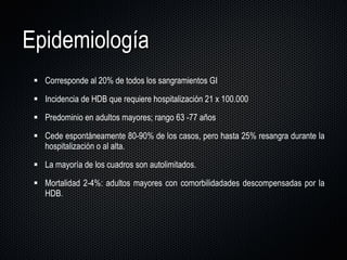 Corresponde al 20% de todos los sangramientos GI Incidencia de HDB que requiere hospitalización 21 x 100.000 Predominio en adultos mayores; rango 63 -77 años Cede espontáneamente 80-90% de los casos, pero hasta 25% resangra durante la hospitalización o al alta.  La mayoría de los cuadros son autolimitados. Mortalidad 2-4%: adultos mayores con comorbilidadades descompensadas por la HDB. Epidemiología 