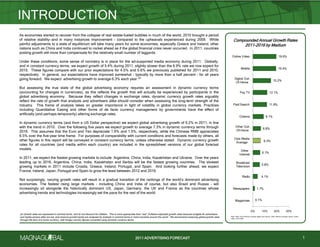 2011 ADVERTISING FORECAST
0.1%
1.7%
4.1%
5.8%
6.1%
6.3%
6.8%
9.1%
11.8%
12.1%
15.2%
19.4%
19.6%
0% 10% 20% 30%
Magazines
Newspapers
Radio
Broadcast
Television
Other
Internet
Core Media
Average
Other Out-
Of-Home
Cinema
Paid Search
Pay TV
Digital Out-
Of-Home
Mobile
Online Video
As economies started to recover from the collapse of real estate-fueled bubbles in much of the world, 2010 brought a period
of relative stability—and in many instances improvement - compared to the upheavals experienced during 2009. While
painful adjustments to a state of equilibrium will take many years for some economies, especially Greece and Ireland, other
nations such as China and India continued to rocket ahead as if the global financial crisis never occurred. In 2011, countries
posting growth will more than compensate for the relatively small number of laggards.
Under these conditions, some sense of normalcy is in place for the ad-supported media economy during 2011. Globally,
and in constant currency terms, we expect growth of 5.4% during 2011, slightly slower than the 6.9% rate we now expect for
2010. These figures compare with our prior expectations for 4.5% and 5.6% we previously published for 2011 and 2010,
respectively. In general, our expectations have improved somewhat - typically by more than a half percent – for all years
going forward. We expect advertising growth to average 6.3% each year.(a)
But assessing the true state of the global advertising economy requires an assessment in dynamic currency terms
(accounting for changes in currencies), as this reflects the growth that will actually be experienced by participants in the
global advertising economy. Because they reflect changes in exchange rates, dynamic currency growth rates arguably
reflect the rate of growth that analysts and advertisers alike should consider when assessing the long-term strength of the
industry. This frame of analysis takes on greater importance in light of volatility in global currency markets. Practices
including Quantitative Easing and other forms of de facto currency management by governments have the effect of
artificially (and perhaps temporarily) altering exchange rates.
In dynamic currency terms (and from a US Dollar perspective) we expect global advertising growth of 9.2% in 2011, in line
with the trend in 2010. Over the following five years we expect growth to average 7.3% in dynamic currency terms through
2016. This assumes that the Euro and Yen depreciate 1.6% and 1.5%, respectively, while the Chinese RMB appreciates
6.5% over the five-year time frame. For purposes of comparability with current conditions and forecasts made by others, all
other figures in this report will be conveyed in constant currency terms, unless otherwise stated. Dynamic currency growth
rates for all countries (and media within each country) are included in the spreadsheet versions of our global forecast
models.
In 2011, we expect the fastest growing markets to include Argentina, China, India, Kazakhstan and Ukraine. Over the years
leading up to 2016, Argentina, China, India, Kazakhstan and Serbia will be the fastest growing countries. The slowest
growing markets in 2011 include Croatia, Greece, Ireland, Portugal, and Spain. And looking further ahead, we expect
France, Ireland, Japan, Portugal and Spain to grow the least between 2012 and 2016.
Not surprisingly, varying growth rates will result in a gradual transition of the rankings of the world’s dominant advertising
economies. The fastest rising large markets – including China and India of course, but also Brazil and Russia – will
increasingly sit alongside the historically dominant US, Japan, Germany, the UK and France as the countries whose
advertising trends and technologies increasingly set the pace for the rest of the world.
INTRODUCTION
(a) Growth rates are expressed in nominal terms, and do not discount for inflation. This is more appropriate than ―real‖ (Inflation-adjusted) growth rates because budgets for advertisers
and media-owners alike are set, and revenue growth trends are analyzed by analysts in nominal terms in most countries around the world. We recommend analyzing global growth rates
through the lens of a home currency, with foreign country figures converted using dynamic currency terms.
Compounded Annual Growth Rates
2011-2016 by Medium
Note: Other Out-Of-Home excludes digital and cinema. Other Internet excludes search, online
video, and mobile
1
 