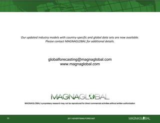 2011 ADVERTISING FORECAST
2011 ADVERTISING FORECAST
2011 ADVERTISING FORECAST
Our updated industry models with country-specific and global data sets are now available.
Please contact MAGNAGLOBAL for additional details.
globalforecasting@magnaglobal.com
www.magnaglobal.com
MAGNAGLOBAL’s proprietary research may not be reproduced for direct commercial activities without written authorization
33
 