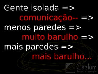 Gente isolada =>
   comunicação-- =>
menos paredes =>
    muito barulho =>
mais paredes =>
       mais barulho...
 