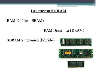 Las memoria RAM

RAM Estática (SRAM)

                    RAM Dinámica (DRAM)

SDRAM Sincrónica (hibrido)
 