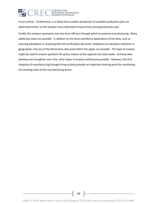 much unclear. Furthermore, it is likely that a smaller proportion of available production jobs are
advertised online, so this analysis may understate hiring activity among production jobs.

Finally, this analysis represents one real-time LMI lens through which to examine manufacturing. Many
additional views are possible. In addition to the direct workforce applications of the data, such as
assisting jobseekers or analyzing skill and certification demands, drilldowns by individual industries or
geographies into any of the dimensions discussed within this paper are possible. This type of analysis
might be used to answer questions for policy makers at the regional and state levels. As these data
develop and strengthen over time, other types of analysis will become possible. However, this first
snapshot of manufacturing through hiring activity provides an important starting point for monitoring
the evolving state of the manufacturing sector.




                                                    20

   CREC | 1700 N. Moore Street, Suite 2225, Arlington, VA 22209 | www.creconline.org | (703) 522-4980
 