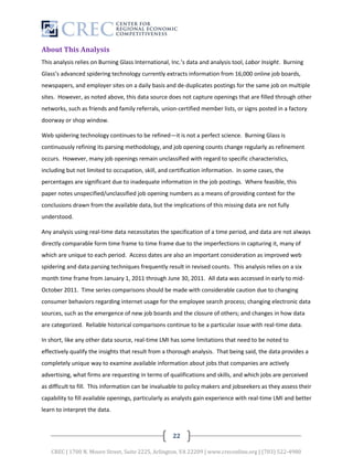 About This Analysis
This analysis relies on Burning Glass International, Inc.’s data and analysis tool, Labor Insight. Burning
Glass’s advanced spidering technology currently extracts information from 16,000 online job boards,
newspapers, and employer sites on a daily basis and de-duplicates postings for the same job on multiple
sites. However, as noted above, this data source does not capture openings that are filled through other
networks, such as friends and family referrals, union-certified member lists, or signs posted in a factory
doorway or shop window.

Web spidering technology continues to be refined—it is not a perfect science. Burning Glass is
continuously refining its parsing methodology, and job opening counts change regularly as refinement
occurs. However, many job openings remain unclassified with regard to specific characteristics,
including but not limited to occupation, skill, and certification information. In some cases, the
percentages are significant due to inadequate information in the job postings. Where feasible, this
paper notes unspecified/unclassified job opening numbers as a means of providing context for the
conclusions drawn from the available data, but the implications of this missing data are not fully
understood.

Any analysis using real-time data necessitates the specification of a time period, and data are not always
directly comparable form time frame to time frame due to the imperfections in capturing it, many of
which are unique to each period. Access dates are also an important consideration as improved web
spidering and data parsing techniques frequently result in revised counts. This analysis relies on a six
month time frame from January 1, 2011 through June 30, 2011. All data was accessed in early to mid-
October 2011. Time series comparisons should be made with considerable caution due to changing
consumer behaviors regarding internet usage for the employee search process; changing electronic data
sources, such as the emergence of new job boards and the closure of others; and changes in how data
are categorized. Reliable historical comparisons continue to be a particular issue with real-time data.

In short, like any other data source, real-time LMI has some limitations that need to be noted to
effectively qualify the insights that result from a thorough analysis. That being said, the data provides a
completely unique way to examine available information about jobs that companies are actively
advertising, what firms are requesting in terms of qualifications and skills, and which jobs are perceived
as difficult to fill. This information can be invaluable to policy makers and jobseekers as they assess their
capability to fill available openings, particularly as analysts gain experience with real-time LMI and better
learn to interpret the data.



                                                     22

   CREC | 1700 N. Moore Street, Suite 2225, Arlington, VA 22209 | www.creconline.org | (703) 522-4980
 