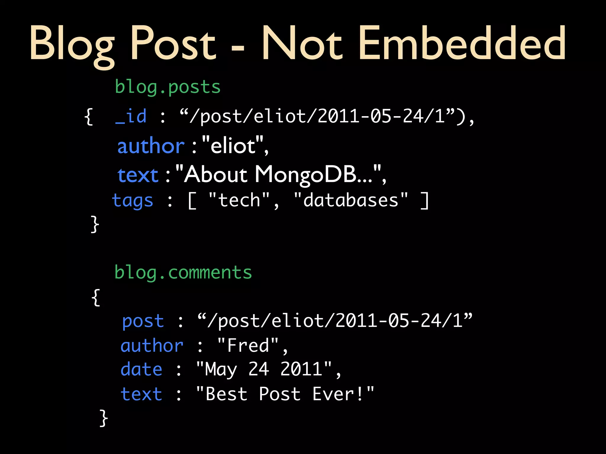 Blog Post - Not Embedded
             blog.posts
     {       _id : “/post/eliot/2011-05-24/1”),
             author : "eliot",
             text : "About MongoDB...",
             tags : [ "tech", "databases" ]
     }

             blog.comments
     {
             post :   “/post/eliot/2011-05-24/1”
 	           author   : "Fred",
 	           date :   "May 24 2011",
 	           text :   "Best Post Ever!"
 	       }
 