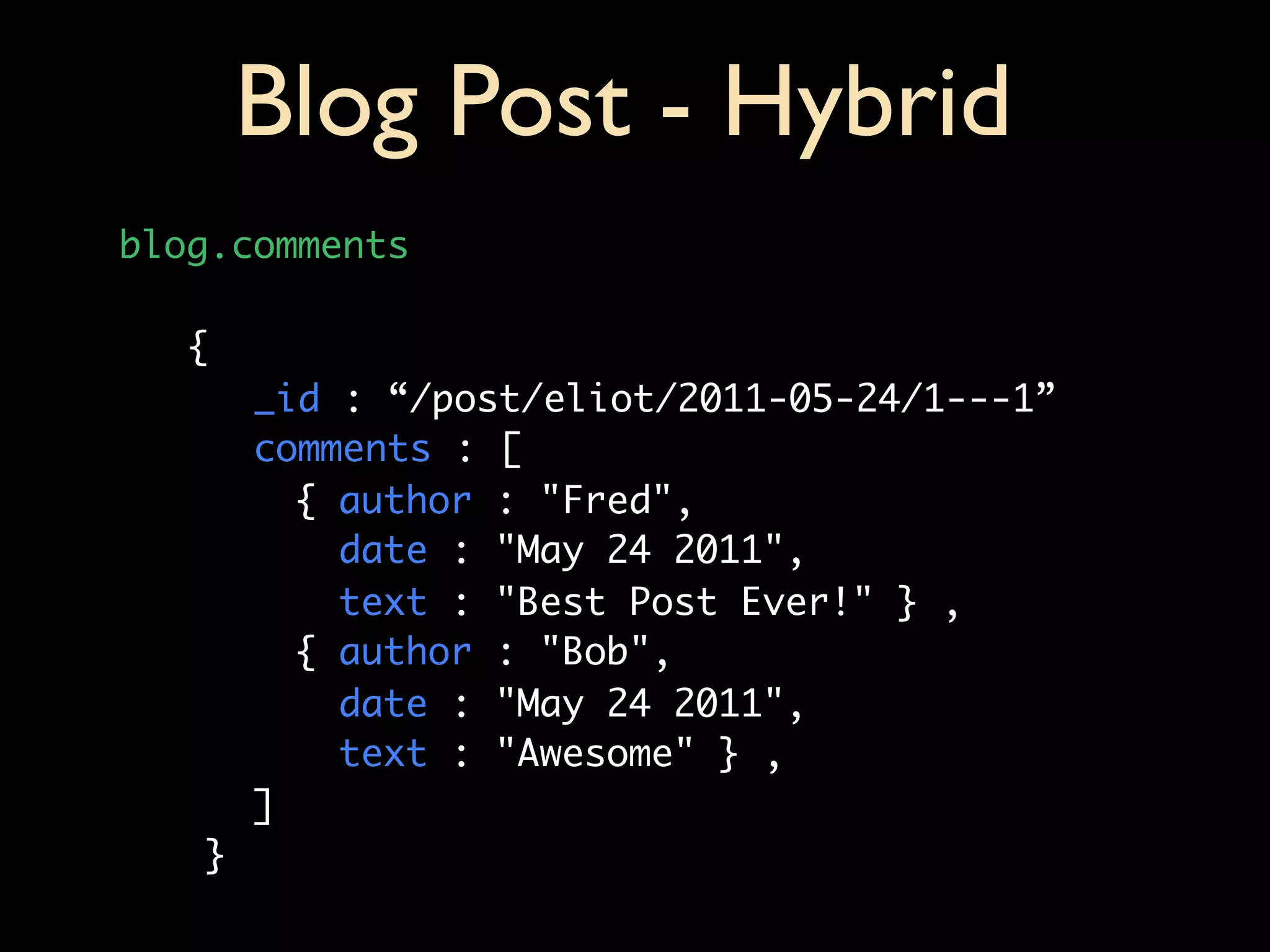 Blog Post - Hybrid
blog.comments

    {
        _id : “/post/eliot/2011-05-24/1---1”
        comments : [
    	     { author : "Fred",
	           date : "May 24 2011",
	           text : "Best Post Ever!" } ,
    	     { author : "Bob",
	           date : "May 24 2011",
	           text : "Awesome" } ,
        ]
	   }
 