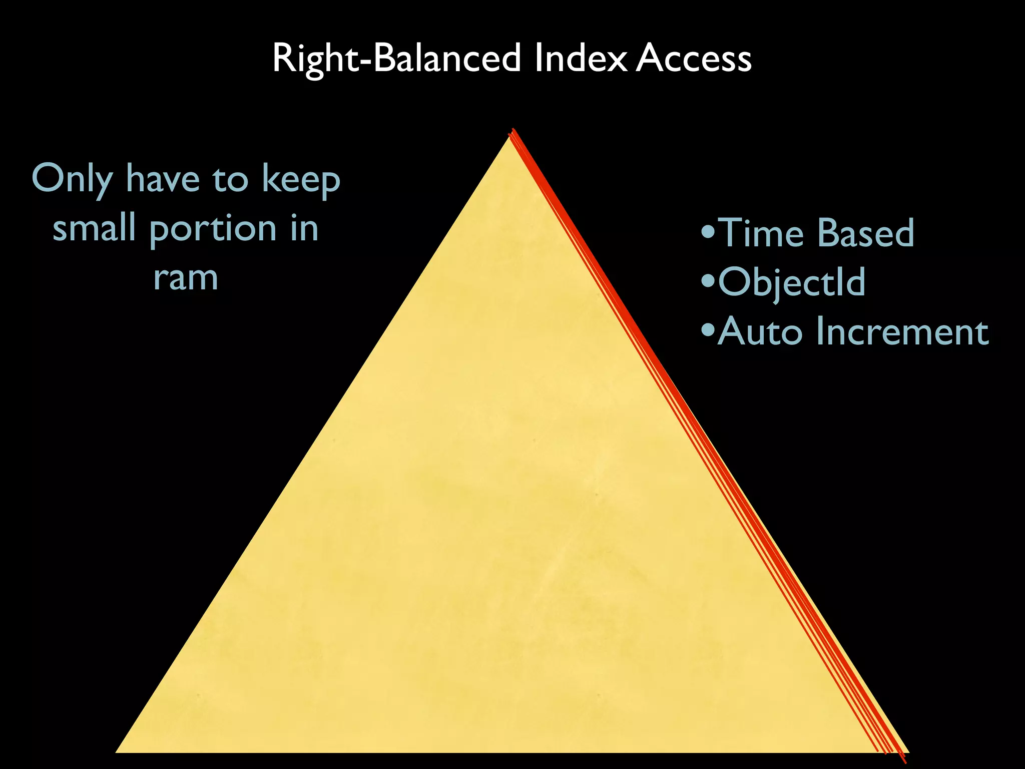 Right-Balanced Index Access

Only have to keep
 small portion in                   •Time Based
       ram                          •ObjectId
                                    •Auto Increment
 