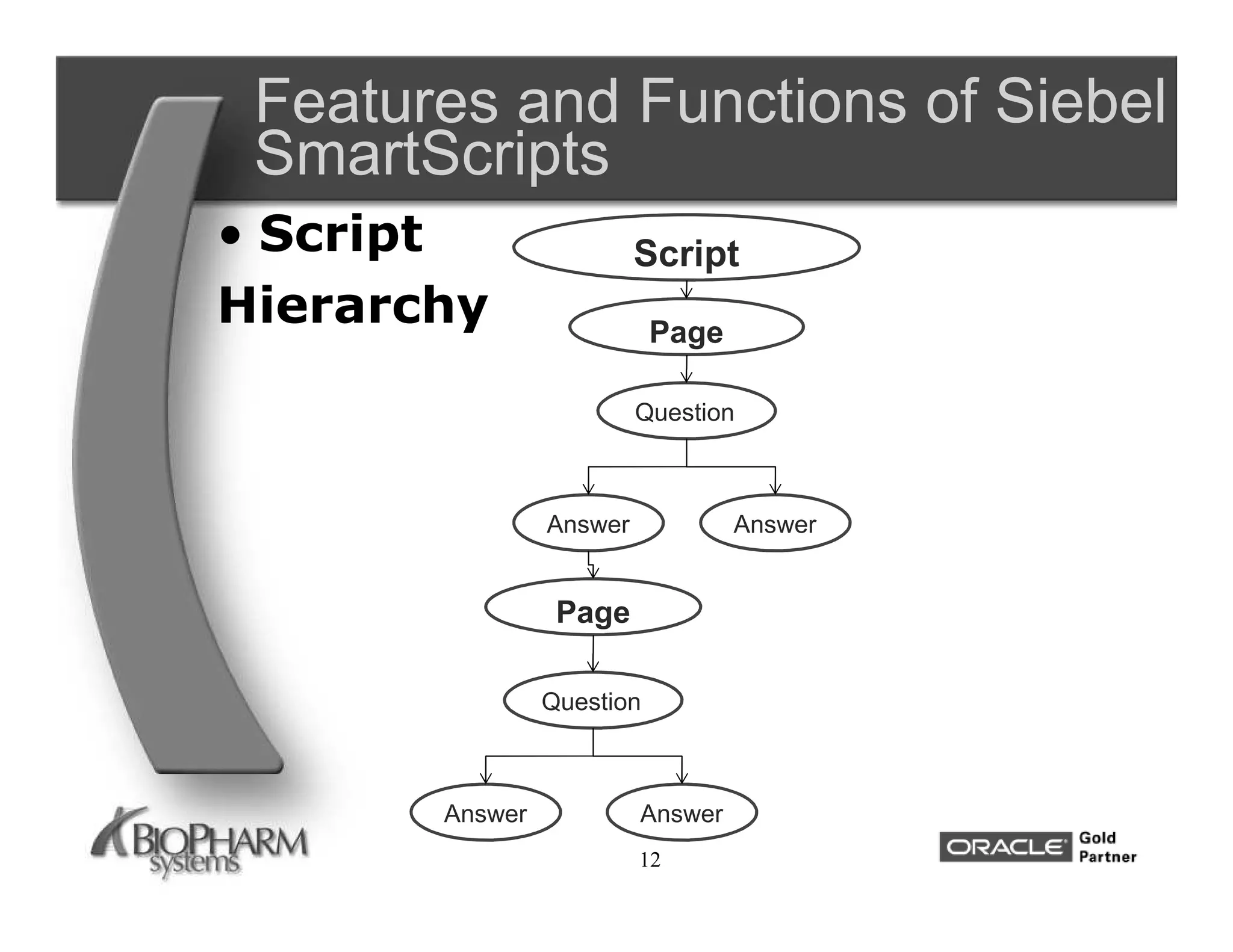 Features and Functions of Siebel
 SmartScripts
• Script                 Script
Hierarchy                  Page

                         Question



                Answer            Answer


                 Page

                Question



       Answer            Answer
                         12
 