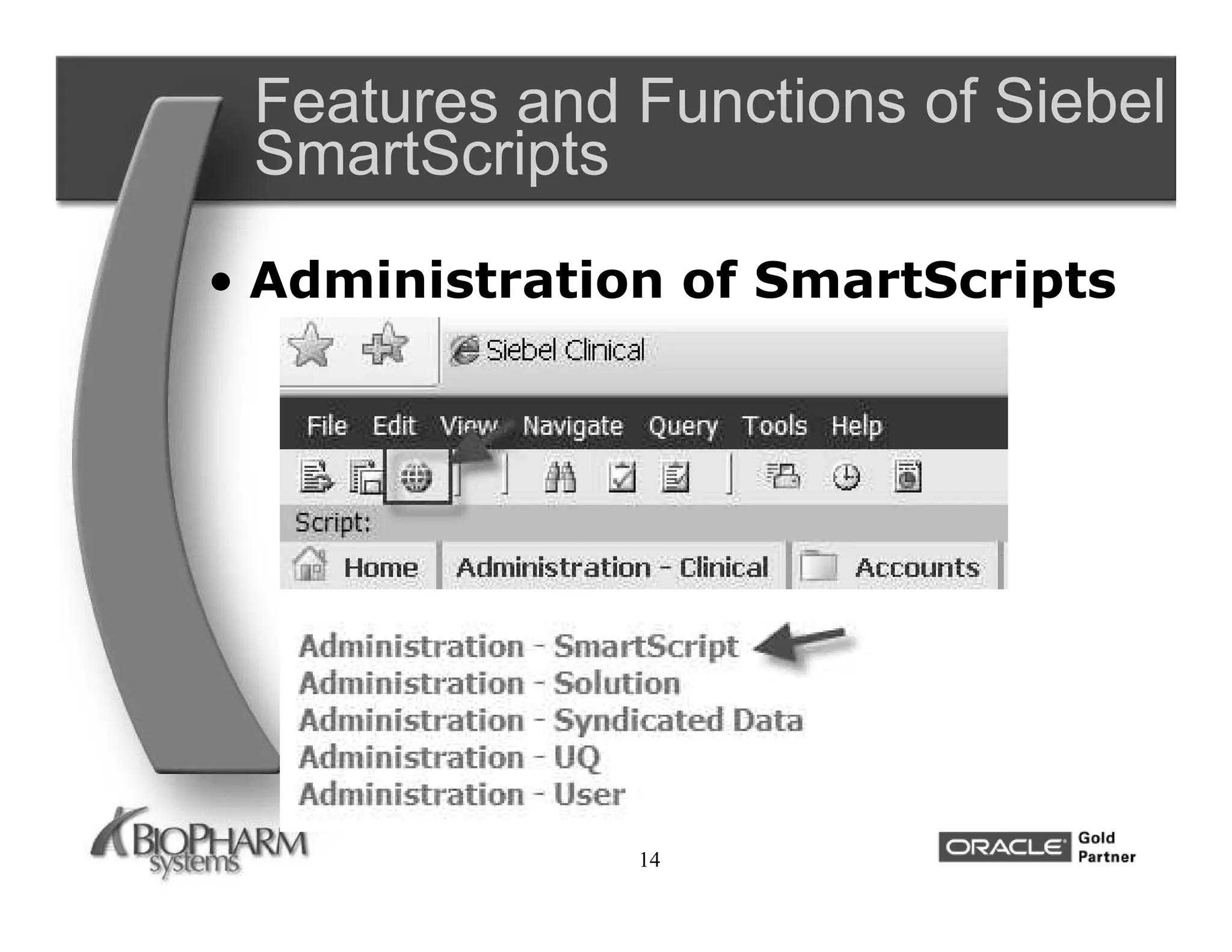 Features and Functions of Siebel
 SmartScripts
• Administration of SmartScripts




               14
 