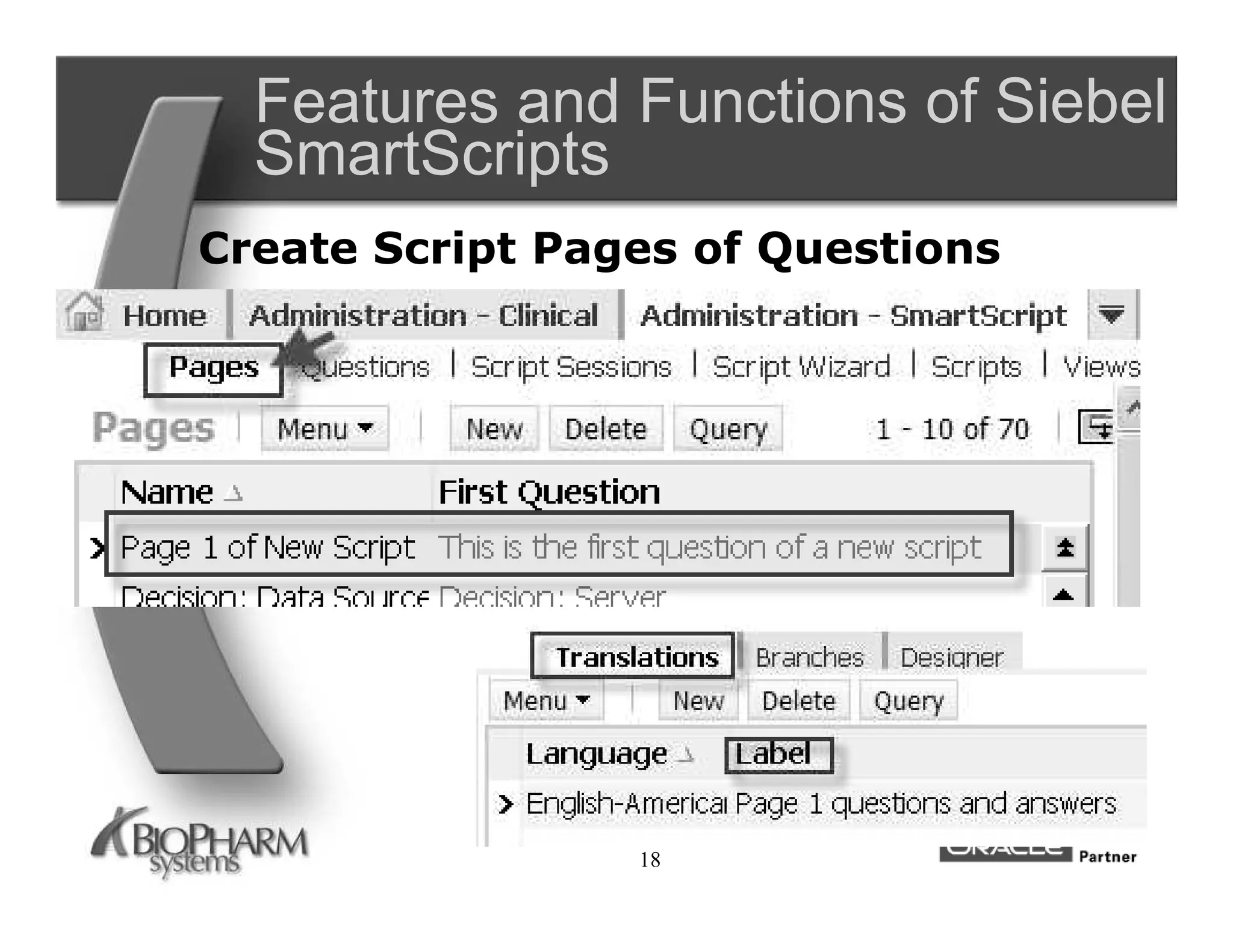 Features and Functions of Siebel
  SmartScripts
Create Script Pages of Questions




                 18
 