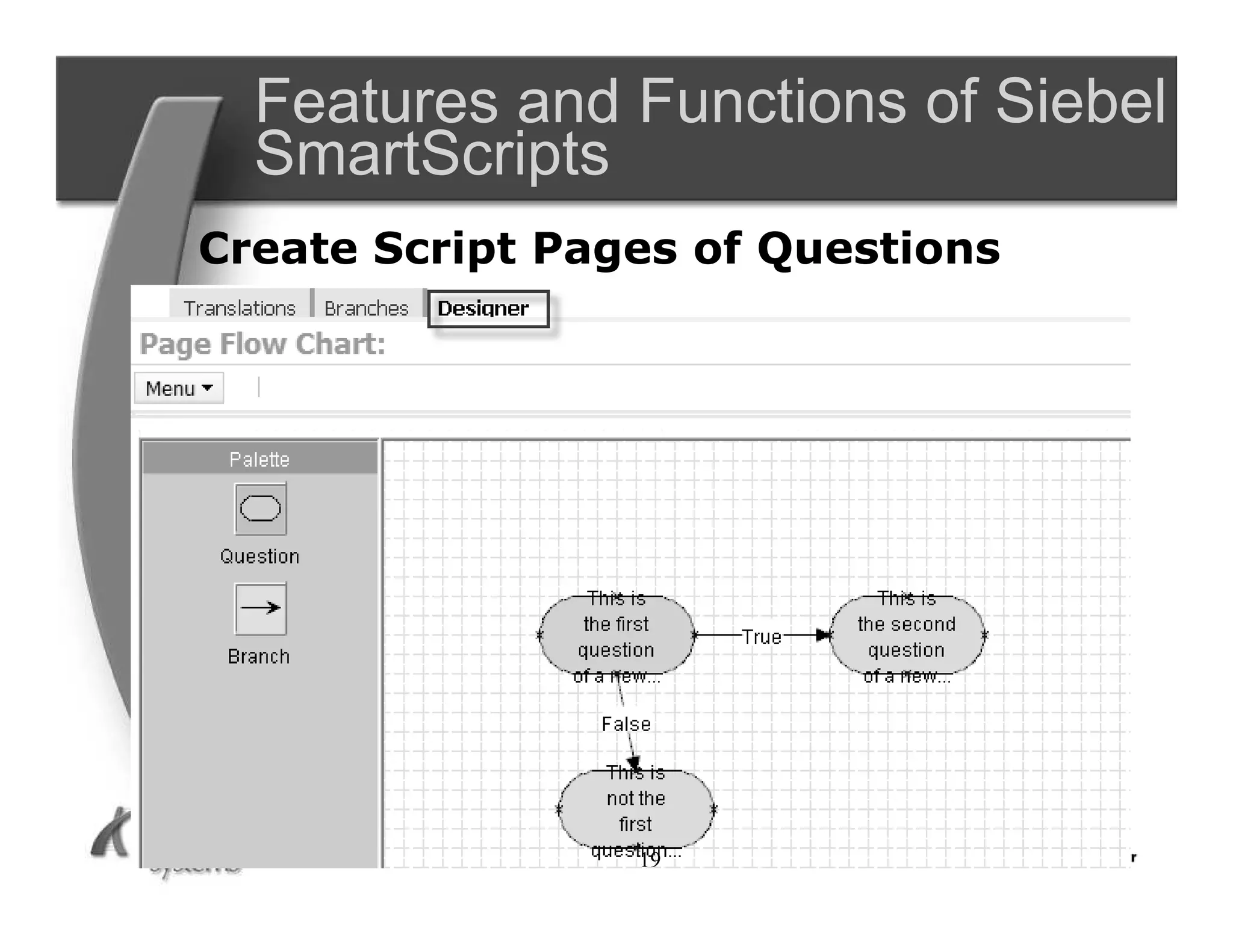 Features and Functions of Siebel
  SmartScripts
Create Script Pages of Questions




                 19
 