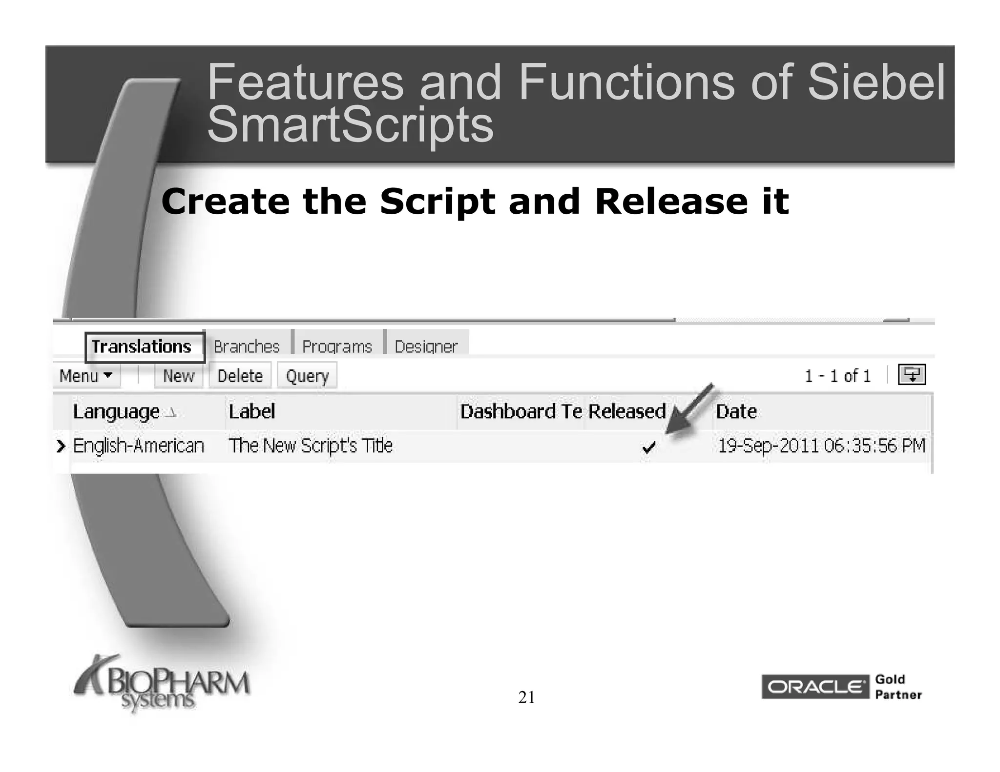 Features and Functions of Siebel
  SmartScripts
Create the Script and Release it




                  21
 