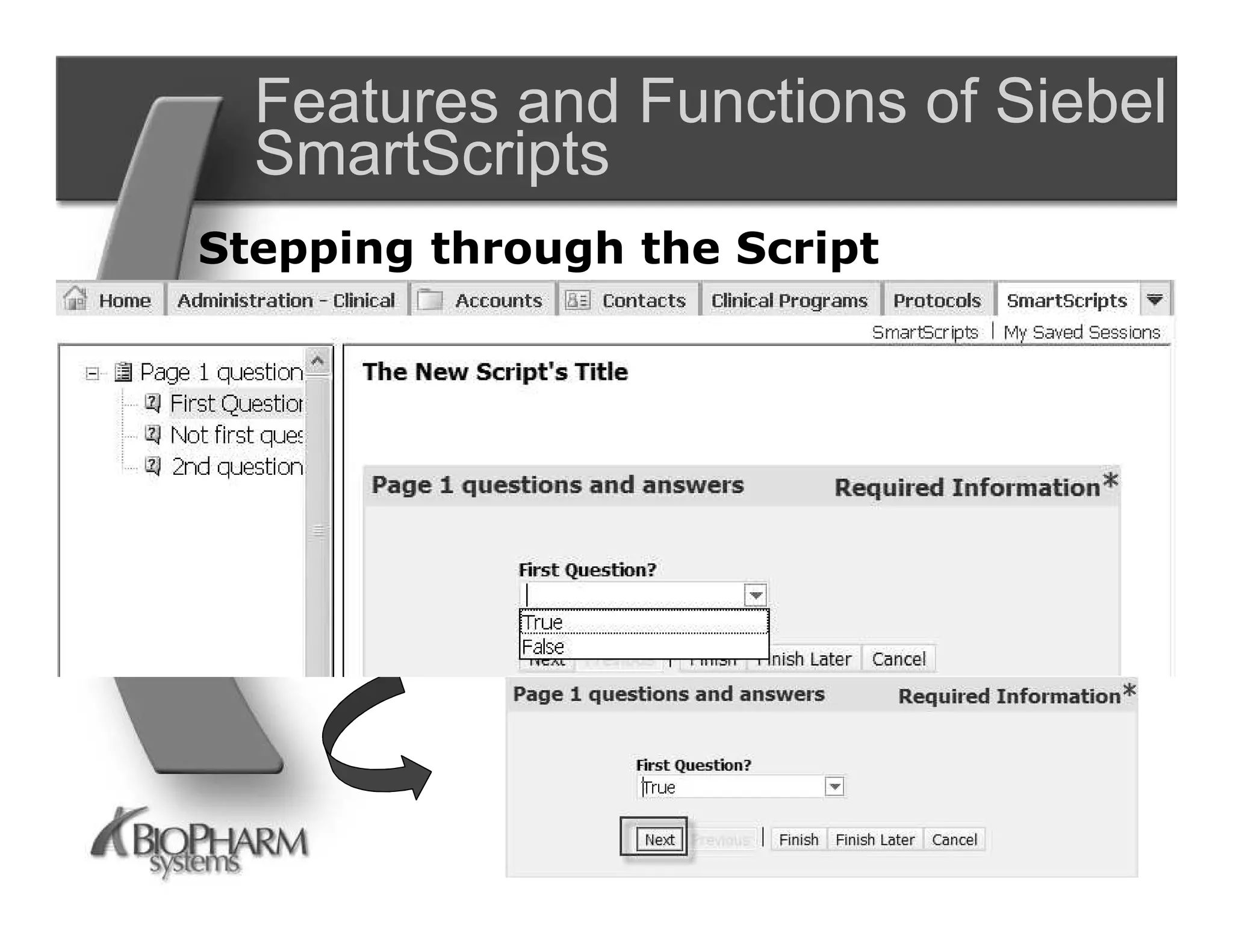 Features and Functions of Siebel
  SmartScripts
Stepping through the Script




                 23
 