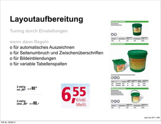 Layoutaufbereitung
         Tuning durch Einstellungen

         wenn dann Regeln
         o für automatisches Auszeichnen
         o für Seitenumbruch und Zwischenüberschriften
         o für Bildeinblendungen
         o für variable Tabellenspalten




                                                         oyen.de 2011 | M8

KW So. 26/08/12
 