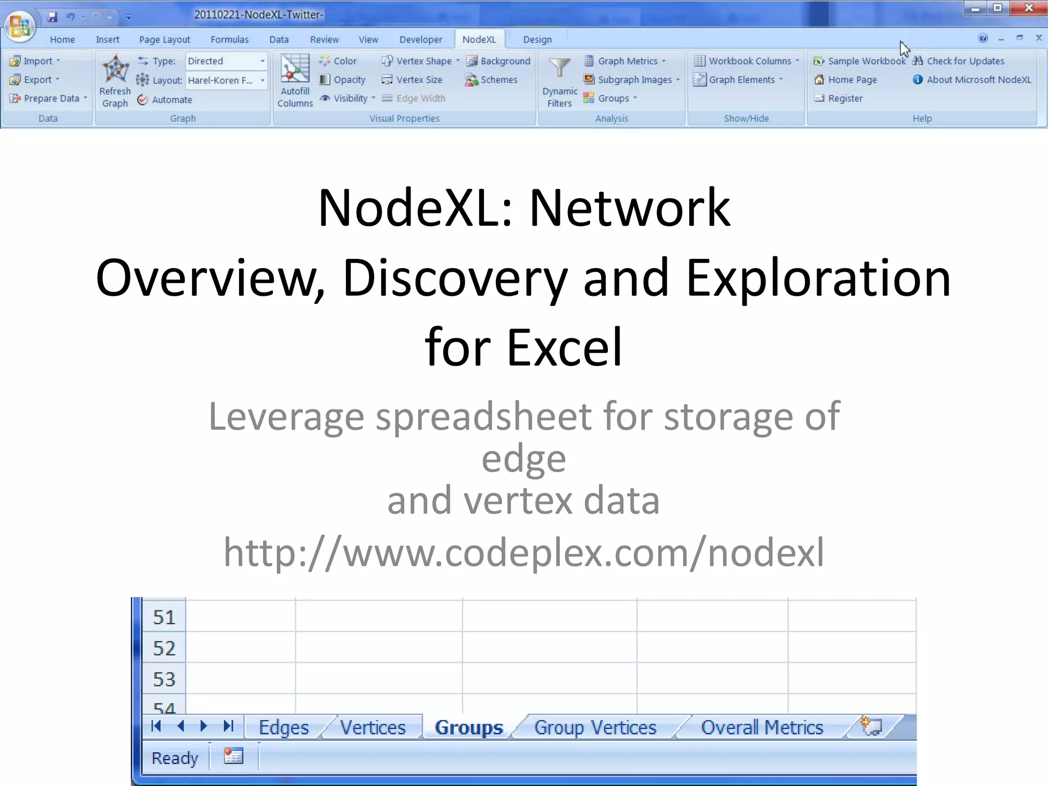 NodeXL: Network Overview, Discovery and Exploration for ExcelLeverage spreadsheet for storage of edge and vertex datahttp://www.codeplex.com/nodexl