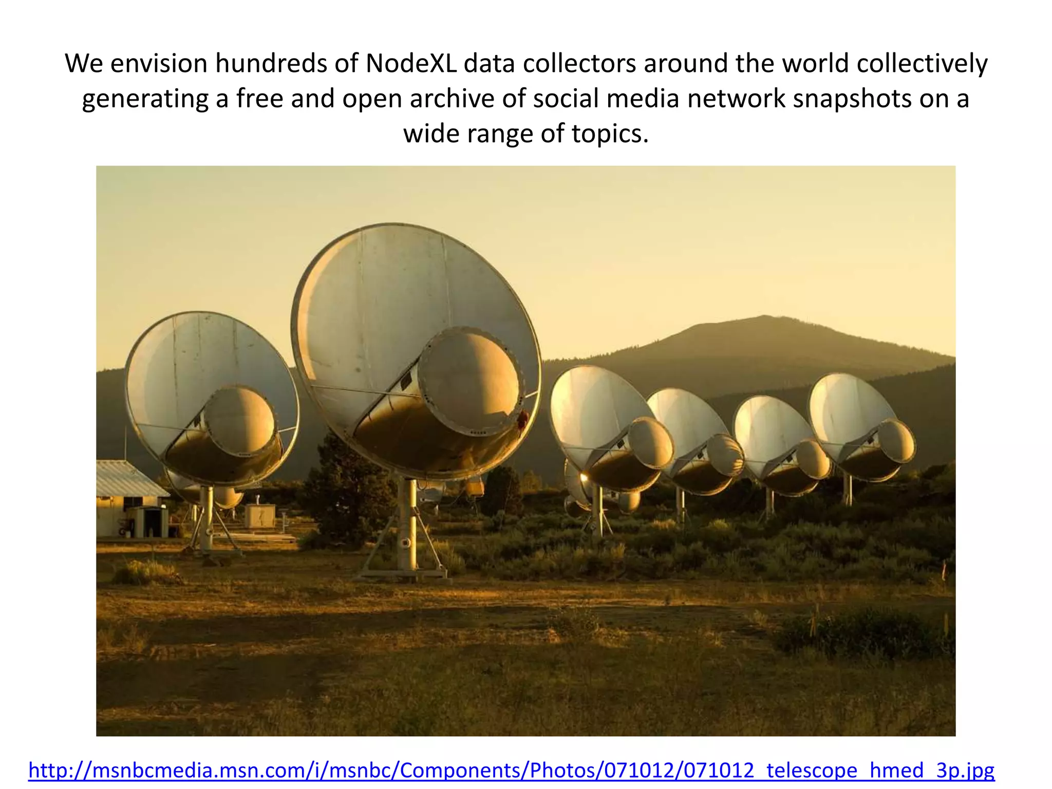 We envision hundreds of NodeXL data collectors around the world collectively generating a free and open archive of social media network snapshots on a wide range of topics.http://msnbcmedia.msn.com/i/msnbc/Components/Photos/071012/071012_telescope_hmed_3p.jpg