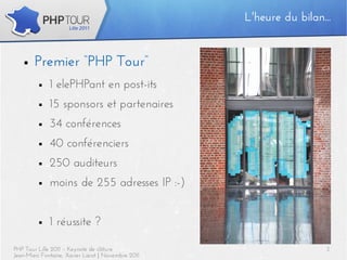L'heure du bilan...


   ■    Premier “PHP Tour”
         ■   1 elePHPant en post-its
         ■   15 sponsors et partenaires
         ■   34 conférences
         ■   40 conférenciers
         ■   250 auditeurs
         ■   moins de 255 adresses IP :-)


         ■   1 réussite ?

PHP Tour Lille 2011 – Keynote de clôture                             3
Jean-Marc Fontaine, Xavier Lacot | Novembre 2011
 