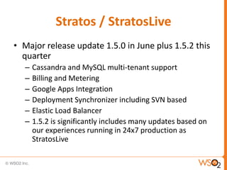 Stratos / StratosLive
• Major release update 1.5.0 in June plus 1.5.2 this
  quarter
   –   Cassandra and MySQL multi-tenant support
   –   Billing and Metering
   –   Google Apps Integration
   –   Deployment Synchronizer including SVN based
   –   Elastic Load Balancer
   –   1.5.2 is significantly includes many updates based on
       our experiences running in 24x7 production as
       StratosLive
 