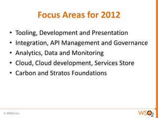 Focus Areas for 2012
•   Tooling, Development and Presentation
•   Integration, API Management and Governance
•   Analytics, Data and Monitoring
•   Cloud, Cloud development, Services Store
•   Carbon and Stratos Foundations
 