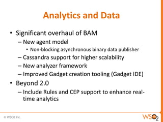 Analytics and Data
• Significant overhaul of BAM
  – New agent model
     • Non-blocking asynchronous binary data publisher
  – Cassandra support for higher scalability
  – New analyzer framework
  – Improved Gadget creation tooling (Gadget IDE)
• Beyond 2.0
  – Include Rules and CEP support to enhance real-
    time analytics
 
