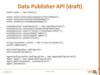 Data Publisher API (draft)
Event event = new Event();

event.setCorrelation(createCorrelationMap());
event.setEvent(createEventDataMap());
event.setMeta(createMetaDataMap());

EventReceiver eventReceiver = new EventReceiver();
eventReceiver.setSocketTransportEnabled(true);
eventReceiver.setUrl("https://localhost:9443/");
eventReceiver.setUserName("admin");
eventReceiver.setPassword("admin");
eventReceiver.setPort(7611);

ArrayList<Event> events = new ArrayList<Event>();
events.add(event);

BasicConfigurator.configure();
setTrustStoreParams();

AgentConfiguration configuration = new AgentConfiguration();
Agent agent = new Agent(configuration);
agent.publish(events, eventReceiver);
agent.shutdown();



                                 © WSO2 2011
 