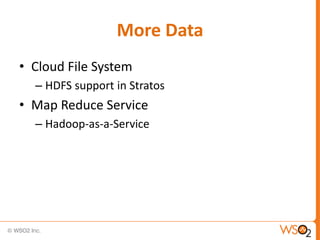 More Data
• Cloud File System
  – HDFS support in Stratos
• Map Reduce Service
  – Hadoop-as-a-Service
 