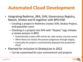 Automated Cloud Development
• Integrating Redmine, JIRA, SVN, Governance Registry,
  Maven, Stratos and IS together with BPS+ESB
   – Creating a project in Redmine creates SVN, Stratos Project,
     and populates users
   – Checking in a project into SVN with “Deploy” tags initiates
     a review process in BPEL
      • Automatically creates JIRA entries for code review, security review
      • When these are closed, the process progresses through staging
      • Eventually the project is automatically deployed into production
        cloud
• Planned for inclusion in StratosLive in 2012
   – Can be customized for your environment and projects
 