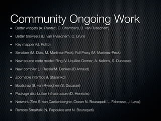 Community Ongoing Work
Better widgets (A. Plantec, G. Chambers, B. van Ryseghem)
Better browsers (B. van Ryseghem, C. Bruni)
Key mapper (G. Polito)
Serializer (M. Dias, M. Martinez-Peck), Full Proxy (M. Martinez-Peck)
New source code model: Ring (V. Uquillas Gomez, A. Kellens, S. Ducasse)
New compiler (J. Ressia/M. Denker/JB Arnaud)
Zoomable interface (I. Stasenko)
Bootstrap (B. van Ryseghem/S. Ducasse)
Package distribution infrastructure (D. Henrichs)
Network (Zinc S. van Caekenberghe, Ocean N. Bouraqadi, L. Fabresse, J. Laval)
Remote Smalltalk (N. Papoulias and N. Bouraqadi)
 