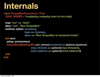 Internals
     class TorqueBoxCommand < Thor
      TASK_ORDER = %w(deploy undeploy start cli env help)

      map "run" => "start"
      desc "run", "Run TorqueBox"
      method_option :clustered,
                     :type => :boolean,
                     :desc => "Run TorqueBox in clustered mode"
      def start
       setup_environment
       TorqueBox::DeployUtils.run_server(:clustered => options.clustered,
                           :max_threads => options['max-threads'],
                           :bind_address => options['bind-address'])
      end
     end




Friday, November 4, 2011
 