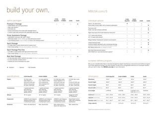 build your own.                                                                                                                         MBUSA.com/S

                                                                                       S 350          S 400                                                                                                     S 350       S 400
option packages                                                                       BlueTEC        HYBRID     S 550         S 600     individual options                                                     BlueTEC     HYBRID         S 550             S 600

Premium 2 Package                                                                                                                      4matic™ all - wheel drive                                                               —             5               —
• PARKTRONIC with Parking Guidance                                                                                                      Active Body Control (ABC) with crosswind stabilization                    —              —             5
                                                                                                                                                                                                                                                             
• Rear view camera 20
                                                                                                                                        Panorama roof                                                                                                        
• KEYLESS - GO
                                                                                                                                        Power rear side - window sunblinds                                                                                   
• Active multicontour front seats with massage feature
• Comfort-type head restraints with adjustable side wings                                                                               Night View Assist PLUS with Pedestrian Detection8                                                                    
Driver Assistance Package                                                                                                              19" 5 -spoke alloy wheels6
• DISTRONIC PLUS with PRE -SAFE® Brake12                                                                                                20" 10 -spoke alloy wheels6
• Blind Spot Assist (S 400 HYBRID) or Active Blind Spot Assist14
• Lane Keeping Assist (S 400 HYBRID) or Active Lane Keeping Assist 9                                                                    Bang & Olufsen® BeoSound ™ premium sound system                                                                      
                                                                                                                                        Heated steering wheel                                                                                                
Sport Package                                                                                                                   —
                                                                                                                                        Premium leather upholstery with contrasting stitching                                                                
• 19" AMG triple 5-spoke wheels with all - season tires6                                                                                (Exclusive leather with contrasting stitching on S 600)
• Sport body styling (front and rear bumpers, side skirts)                                                                              Burl Walnut wood trim (no charge on S 600)                                                             
Sport Package Plus One                                                                                                          —       Rear Seat Entertainment system                                                                                       
• 20" AMG 5-spoke wheels with high -performance tires6                                                                                  SPLITVIEW front - seat entertainment system15
• Sport body styling (front and rear bumpers, side skirts)

Rear Seat Package                                                                                                               
• 8-way adjustable power outboard rear seats (includes 5 - passenger seating)
• 4 -zone automatic climate control
• Heated and Active Ventilated rear seats                                                                                               european delivery program
                                                                                                                                        Pick up your new Mercedes -Benz in Germany through the original manufacturer-sponsored tourist delivery program.
                                                                                                                                        You’ll enjoy significant savings24 and other benefits, as well as the unforgettable experience of a European vacation
 Standard             Optional       — Not Available                                                                                   with your own S- Class. Visit MBUSA.com/edp for more information.




specifications                 S 350 BlueTEC                 S 400 HYBRID             S 550                     S 600                   dimensions                       S 350 BlueTEC            S 400 HYBRID           S 550                     S 600
Engine                         3.0 -liter turbo              3.5-liter gasoline       4.6-liter twin -turbo     5.5-liter twin -turbo   Wheelbase                        124.6"                   124.6"                 124.6"                    124.6"
                               clean diesel V-6              V-6 + electric motor     Direct Injection V-8      V-12
                               240 hp @ 3,600 rpm            295 combined hp          429 hp @ 5,250 rpm        510 hp @ 5,000 rpm      Overall length                   206.5"                   206.5"                 206.5"                    206.5"
                               455 lb -ft net torque         284 combined lb -ft      516 lb -ft net torque     612 lb-ft net torque
                               @ 1,600–2,400 rpm             net torque               @ 1,800–3,500 rpm         @ 1,900–3,500 rpm       Overall height                   58.0"                    58.0"                  58.0"                     58.0"

Transmission                   7- speed automatic            7- speed automatic       7- speed automatic        5-speed automatic       Overall width (w/mirrors)        83.5"                    83.5"                  83.5"                     83.5"
                               with steering                 with steering            with steering             with steering
                               wheel -mounted                wheel -mounted           wheel-mounted             wheel-mounted           Curb weight                      4,784 lbs                4,474 lbs              4,740 lbs (RWD)           4,950 lbs
                               paddle shifters               paddle shifters          paddle shifters           paddle shifters                                                                                          4,861 lbs (4matic )

Wheels                         18" 10 - spoke                18" 10 - spoke           18" 5 -spoke              Staggered-width         Headroom (front/rear)            37.8" / 38.5"            37.8" / 38.5"          37.8" / 38.5"             37.8" / 38.5"
                                                                                                                19" multispoke
                                                                                                                                        Legroom (front/rear)             41.9" / 42.3"            41.9" / 42.3"          41.9" / 42.3"             41.9" / 42.3”
Suspension                     AIRMATIC with Adaptive        AIRMATIC with Adaptive   AIRMATIC with Adaptive    Active Body Control
                               Damping System and            Damping System and       Damping System and        (ABC) with crosswind    Shoulder room (front/rear)       59.1" / 58.7"            59.1" / 58.7"          59.1" / 58.7"             59.1" / 58.7"
                               4 -wheel level control        4 -wheel level control   4 -wheel level control    stabilization
                                                                                                                                        Cargo capacity                   16.4 cu ft               16.4 cu ft             16.4 cu ft                16.4 cu ft
Drivetrain                     4matic all -wheel drive       Rear- wheel drive        Rear- wheel drive or      Rear- wheel drive
                                                                                      4matic all -wheel drive

                                                                                                                                        Please see endnotes at back of brochure.
 