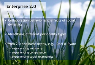 Enterprise 2.0


▪ Collaboration behavior and effects of social
  dynamics

▪ Identifying different personality types

▪ W...
