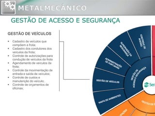 GESTÃO DE ACESSO E SEGURANÇA

GESTÃO DE VEÍCULOS
   Cadastro de veículos que
    compõem a frota;
   Cadastro dos condutores dos
    veículos da frota;
   Controle de autorizações para
    condução de veículos da frota
   Agendamento de veículos da
    frota;
   Controle da movimentação de
    entrada e saída de veículos;
   Controle de custos e
    manutenção do veículo;
   Controle de orçamentos de
    oficinas;
 