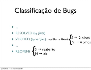 Classiﬁcação de Bugs

                • ...
                • RESOLVED (by ﬁxer)
                • VERIFIED (by veriﬁer) veriﬁer = ﬁxer?
                • ...
                                                          {
                                                          S → 2 olhos
                                                          N → 4 olhos

                                     {
                              S → reaberto
                • REOPEN? N → ok

quarta-feira, 14 de dezembro de 11
 