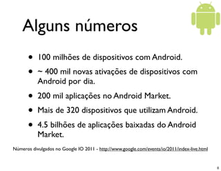 Alguns números
       •   100 milhões de dispositivos com Android.
       •   ~ 400 mil novas ativações de dispositivos com
           Android por dia.
       •   200 mil aplicações no Android Market.
       •   Mais de 320 dispositivos que utilizam Android.
       •   4.5 bilhões de aplicações baixadas do Android
           Market.
Números divulgados no Google IO 2011 - http://www.google.com/events/io/2011/index-live.html


                                                                                              6
 
