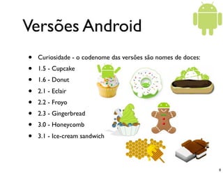Versões Android
•   Curiosidade - o codenome das versões são nomes de doces:
•   1.5 - Cupcake
•   1.6 - Donut
•   2.1 - Eclair
•   2.2 - Froyo
•   2.3 - Gingerbread
•   3.0 - Honeycomb
•   3.1 - Ice-cream sandwich



                                                               8
 