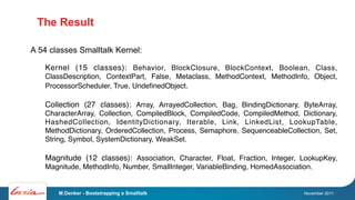 The Result

A 54 classes Smalltalk Kernel:

   Kernel (15 classes): Behavior, BlockClosure, BlockContext, Boolean, Class,
...
