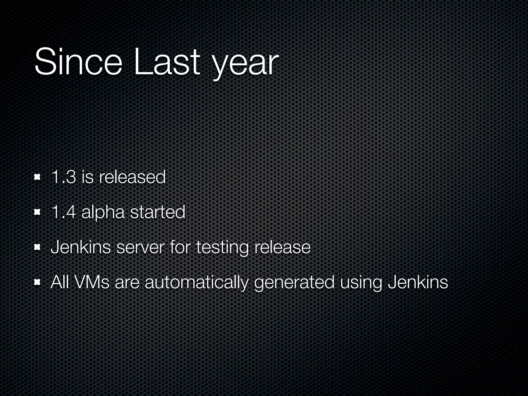 Since Last year

 1.3 is released
 1.4 alpha started
 Jenkins server for testing release
 All VMs are automatically generated using Jenkins
 