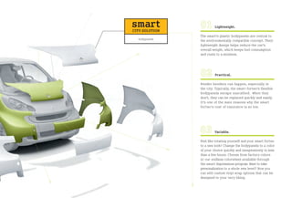 >>
               smart
               CITY SOLUTION
                                                  Lightweight.

                                         The smart’s plastic bodypanels are central to
                  bodypanels
                                         the environmentally compatible concept. Their
                                         lightweight design helps reduce the car’s
                                         overall weight, which keeps fuel consumption
                 >>                      and costs to a minimum.




                                                  Practical.

                                         Fender benders can happen, especially in
                                         the city. Typically, the smart fortwo’s flexible
                                         bodypanels escape unscathed. When they
                                         don’t, they can be replaced quickly and easily.
                                         It’s one of the main reasons why the smart
                                         fortwo’s cost of insurance is so low.




                                                  Variable.

                                         Feel like treating yourself and your smart fortwo
                                         to a new look? Change the bodypanels to a color
                               >>        of your choice quickly and inexpensively in less
                                         than a few hours. Choose from factory colors
          >>                             or our endless colorwheel available through
                                         the smart Expressions program. Want to take
                                         personalization to a whole new level? Now you
                                         can with custom vinyl wrap options that can be
                                         designed to your very liking.
>>




                                    >>
 