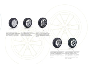 15" steel wheels with smart         New 12-spoke alloy wheels (15")      BRABUS “Monoblock VII” alloy
wheel covers and all-season tires   with all season-tires (155/60 R15,   wheels (15") with all-season wide
(155/60 R15 front; 175/55 R15       front; 175/55 R15 rear).             tires (155/60 R15, front; 175/55
rear). Standard on pure coupe.      Standard on passion models.          R15 rear). Standard on lightshine
                                                                         edition.




                                                                                                             New six-spoke alloy wheels (15")     New V-spoke alloy wheels (15")
                                                                                                             with wide all-season tires (175/55   with wide all-season tires
                                                                                                             R15, front; 195/50 R15 rear).        (165/60 R15, front; 195/50 R15
                                                                                                             Available as an option on passion    rear). Available as an option on
                                                                                                             models.                              passion models and the smart
                                                                                                                                                  style package.
 