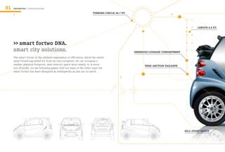 01   Introduction / Urban microcosm

     2
                                                                      TURNING CIRCLE 28.7 FT.                         >>




                                                                                                                                       LENGTH 8.8 FT.




     >> smart fortwo DNA.
     smart city solutions.                                                                      GENEROUS LUGGAGE COMPARTMENT
     The smart fortwo is the ultimate expression of efficiency, which the entire
     smart brand has stood for from its very inception. No car occupies a
     smaller physical footprint, uses interior space more wisely, or is more                          TWIN-SECTION TAILGATE
     eco-friendly. On the following pages, find out many of the other ways the
     smart fortwo has been designed as intelligently as any car on earth.




                                                                                        >>


                                                                                                                               HILL START ASSIST
 