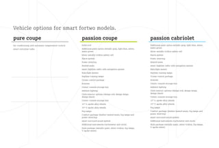 Vehicle options for smart fortwo models.
pure coupe                                            passion coupe                                                passion cabriolet
Air conditioning with automatic temperature control   Solid roof                                                   Additional paint option metallic gray, light blue, silver,
                                                      Additional paint option metallic gray, light blue, silver,   matte green
smart entryline radio
                                                      matte green                                                  Silver metallic tridion safety cell
                                                      Silver metallic tridion safety cell                          Alarm system
                                                      Alarm system                                                 Power steering
                                                      Power steering                                               Heated seats
                                                      Heated seats                                                 smart highline radio: with navigation system
                                                      smart highline radio: with navigation system                 Rain/light sensor
                                                      Rain/light sensor                                            Daytime running lamps
                                                      Daytime running lamps                                        Cruise control package
                                                      Cruise control package                                       Armrest
                                                      Armrest                                                      Center console storage box
                                                      Center console storage box                                   Ambient lighting
                                                      Ambient lighting                                             Cloth interior options (design red, design beige,
                                                      Cloth interior options (design red, design beige,            design black)
                                                      design black)                                                Center console storage box
                                                      Center console storage box                                   15” 6-spoke alloy wheels
                                                      15” 6-spoke alloy wheels                                     15” V-spoke alloy wheels
                                                      15” V-spoke alloy wheels                                     Fog lamps
                                                      Fog lamps                                                    Comfort package (leather heated seats, fog lamps and
                                                      Comfort package (leather heated seats, fog lamps and         power steering)
                                                      power steering)                                              smart surround sound system
                                                      smart surround sound system                                  Additional instruments (tachometer and clock)
                                                      Additional instruments (tachometer and clock)                Style package (metallic paint, silver tridion, fog lamps,
                                                      Style package (metallic paint, silver tridion, fog lamps,    V-spoke wheel)
                                                      V-spoke wheel)
 
