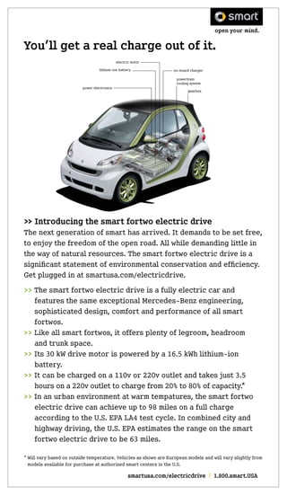 open your mind.

You’ll get a real charge out of it.
                                              electric motor
                                   lithium-ion battery              on-board charger

                                                                     powertrain
                                                                     cooling system
                          power electronics
                                                                           gearbox




>> Introducing the smart fortwo electric drive
The next generation of smart has arrived. It demands to be set free,
to enjoy the freedom of the open road. All while demanding little in
the way of natural resources. The smart fortwo electric drive is a
significant statement of environmental conservation and efficiency.
Get plugged in at smartusa.com/electricdrive.
>> The smart fortwo electric drive is a fully electric car and
   features the same exceptional Mercedes-Benz engineering,
   sophisticated design, comfort and performance of all smart
   fortwos.
>> Like all smart fortwos, it offers plenty of legroom, headroom
   and trunk space.
>> Its 30 kW drive motor is powered by a 16.5 kWh lithium-ion
   battery.
>> It can be charged on a 110v or 220v outlet and takes just 3.5
   hours on a 220v outlet to charge from 20% to 80% of capacity.*
>> In an urban environment at warm tempatures, the smart fortwo
   electric drive can achieve up to 98 miles on a full charge
   according to the U.S. EPA LA4 test cycle. In combined city and
   highway driving, the U.S. EPA estimates the range on the smart
   fortwo electric drive to be 63 miles.

* Will vary based on outside temperature. Vehicles as shown are European models and will vary slightly from
  models available for purchase at authorized smart centers in the U.S.

                                                     smartusa.com/electricdrive I 1.800.smart.USA
 