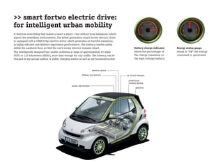 >> smart fortwo electric drive:
for intelligent urban mobility
It features everything that makes a smart a smart—but without local emissions (which
impact the immediate environment). The latest generation smart fortwo electric drive
is equipped with a 30kW/41hp electric motor which generates no harmful emissions,
is highly efficient and delivers impressive performance. The battery resides safely
within the sandwich floor so that the car’s roomy interior remains intact.                        Battery charge indicator    Energy status gauge
The intelligently designed two-seater achieves a range of approximately 63 miles                  shows the percentage of     shows in “kW” the energy
(FTP) or 135 kilometers (NEDC), more than enough for city traffic. The battery can be             the charge remaining on     consumed or generated.
charged at any garage wallbox or public charging station as well as any household socket.         the high-voltage battery.



                                                                      electric motor
                                                           lithium-ion battery              on-board charger

                                                                                             powertrain
                                                                                             cooling system
                                                  power electronics
                                                                                                   gearbox
 