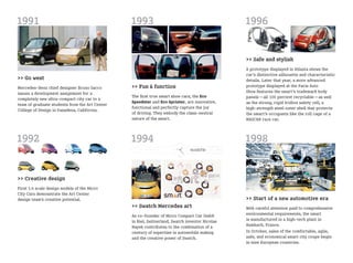 1991                                            1993                                            1996

                                                                                                >> Safe and stylish
                                                                                                A prototype displayed in Atlanta shows the
                                                                                                car’s distinctive silhouette and characteristic
>> Go west                                                                                      details. Later that year, a more advanced
Mercedes-Benz chief designer Bruno Sacco        >> Fun & function                               prototype displayed at the Paris Auto
issues a development assignment for a                                                           Show features the smart’s trademark body
                                                The first true smart show cars, the Eco         panels—all 100 percent recyclable—as well
completely new ultra-compact city car to a
                                                Speedster and Eco Sprinter, are innovative,     as the strong, rigid tridion safety cell, a
team of graduate students from the Art Center
                                                functional and perfectly capture the joy        high-strength steel outer shell that protects
College of Design in Pasadena, California.
                                                of driving. They embody the class-neutral       the smart’s occupants like the roll cage of a
                                                nature of the smart.                            NASCAR race car.



1992                                            1994                                            1998


>> Creative design
First 1:4 scale design models of the Micro
City Cars demonstrate the Art Center
design team’s creative potential.                                                               >> Start of a new automotive era
                                                >> Swatch Mercedes art                          With careful attention paid to comprehensive
                                                As co-founder of Micro Compact Car GmbH         environmental requirements, the smart
                                                in Biel, Switzerland, Swatch inventor Nicolas   is manufactured in a high-tech plant in
                                                Hayek contributes to the combination of a       Hambach, France.
                                                century of expertise in automobile making       In October, sales of the comfortable, agile,
                                                and the creative power of Swatch.               safe, and economical smart city coupe begin
                                                                                                in nine European countries.
 