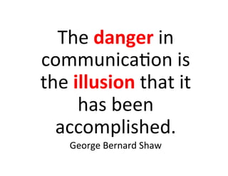 The	
  danger	
  in	
  
communica5on	
  is	
  
the	
  illusion	
  that	
  it	
  
        has	
  been	
  
  accomplished.	
  
      George	
  Bernard	
  Shaw	
  
 