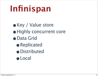 Inﬁnispan

                    •Key / Value store
                    •Highly concurrent core
                    •Data Grid
                     •Replicated
                     •Distributed
                     •Local
Thursday, September 22, 11                    13
 