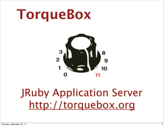 TorqueBox




                     JRuby Application Server
                       http://torquebox.org
Thursday, September 22, 11                      5
 