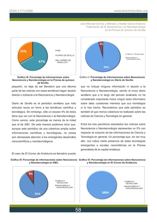 ISSN 2173-6588                                                                           www.teccomstudies.org



                                                           José Manuel Gómez y Méndez y Noelia García Estevez
                                                               Tratamiento de la Nanociencia y la Nanotecnología
                                                                               en la Prensa de quiosco de Sevilla




     Gráfico III. Porcentaje de informaciones sobre        Gráfico V. Porcentaje de informaciones sobre Nanociencia
 Nanociencia y Nanotecnología en la Prensa de quiosco                 y Nanotecnología en Diario de Sevilla.
                        de Sevilla.
 pequeño, no deja de ser llamativo que una décima           que no incluye ninguna información ni alusión a la
 parte de las noticias con estas temáticas hagan alusión    Nanociencia o Nanotecnología, siendo el único diario
 directa o indirecta a la Nanociencia y Nanotecnología.     sevillano que a lo largo del periodo analizado no ha
                                                            considerado importante incluir ningún texto informativo
 Diario de Sevilla es el periódico sevillano que más        sobre tales cuestiones mientras que sus homólogos
 artículos reune en torno a las temáticas científica y      sí lo han hecho. Recordemos que este periódico es
 tecnológica. Sin embargo, sólo un escaso 4% de éstos       también el que menos cobertura ha realizado sobre las
 tiene que ver con la Nanociencia o la Nanotecnología.      noticias de Ciencia y Tecnología en general.
 Como vemos, este porcentaje es menos de la mitad
 que el de ABC. De esta manera podemos intuir que,          Entre los tres periódicos estudiados las noticias sobre
 aunque este periódico da una cobertura amplia sobre        Nanociencia o Nanotecnología representan un 5% con
 informaciones científicas y tecnológicas, no presta        respecto al conjunto de las informaciones de Ciencia y
 aún demasiada atención a los emergentes desarrollos        Tecnología en general. Un porcentaje que, sin ser muy
 nanocientíficos y nanotecnológicos.                        alto, nos indica cierta presencia de estas tecnologías
                                                            emergentes a escalas nanométricas en la Prensa
                                                            generalista de la capital andaluza.
 El caso de El Correo de Andalucía es llamativo puesto

Gráfico IV. Porcentaje de informaciones sobre Nanociencia Gráfico VI. Porcentaje de informaciones sobre Nanociencia
                 y Nanotecnología en ABC.                        y Nanotecnología en El Correo de Andalucía.




                                                          58
 